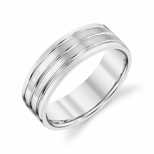 Satin Finish with Groove Mens Wedding Ring in Platinum