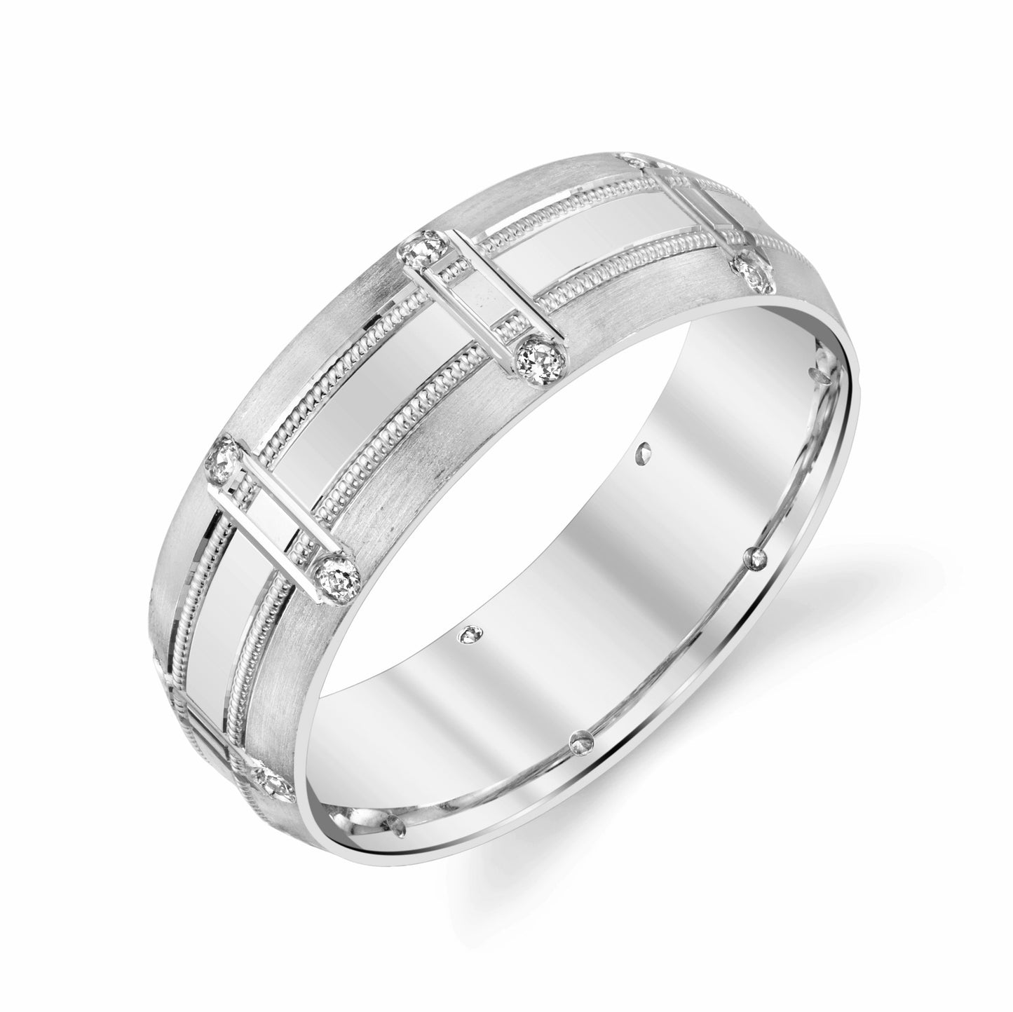 Men Wedding Ring with Alternating Diamond Setting in Platinum