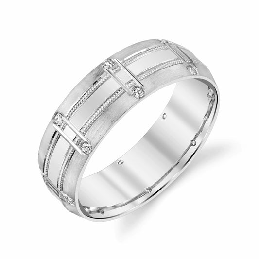 Men Wedding Ring with Alternating Diamond Setting in Platinum