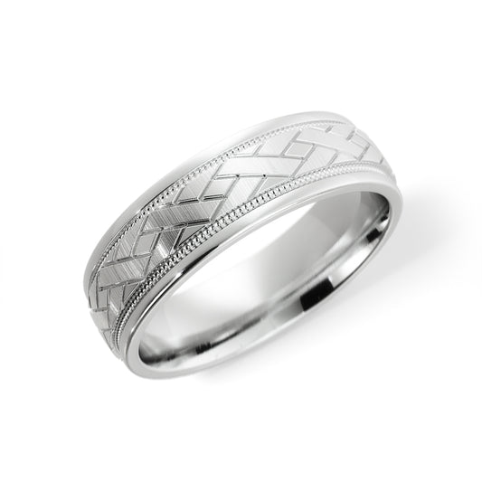 X Satin with Milgrain Mens Wedding Ring in Platinum