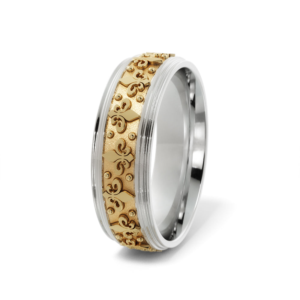 Fleur-de-lis Wedding Band in 18k White/Yellow Gold