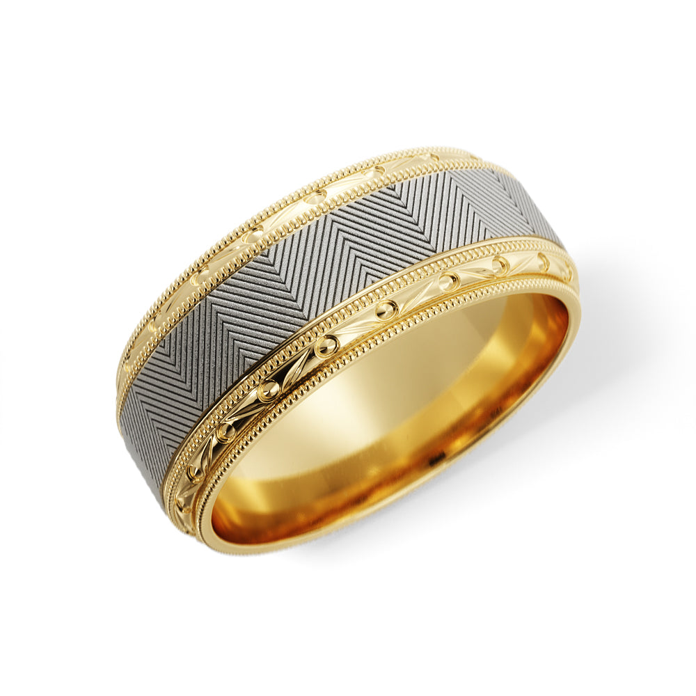 Lined Design Wedding Ring in 14k Yellow/White Gold