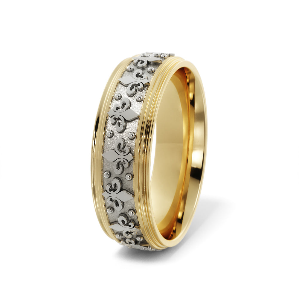 Fleur-de-lis Wedding Band in 18k Yellow/White Gold