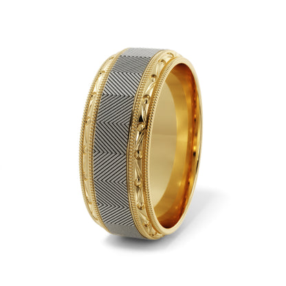 Lined Design Wedding Ring in 14k Yellow/White Gold